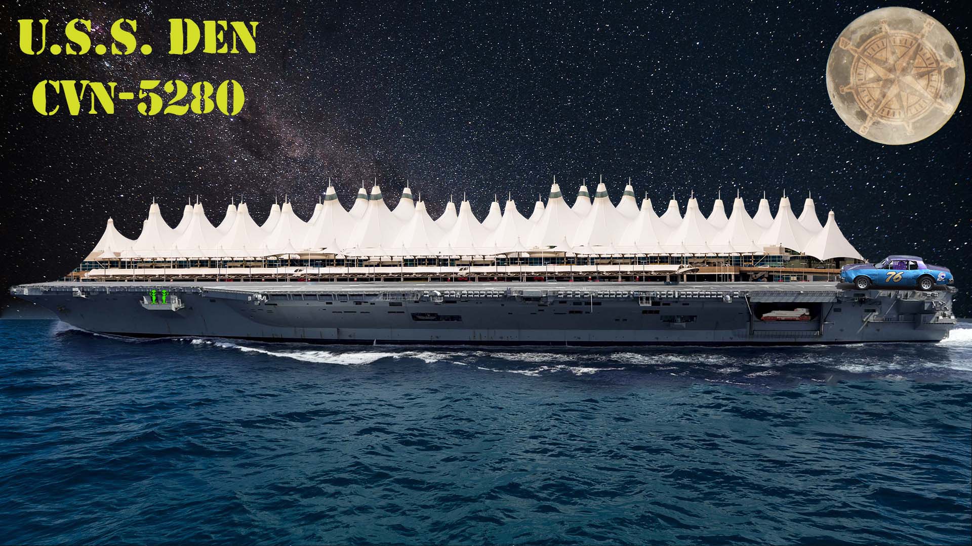 An aircraft carrier sails at night with Denver International Airport’s white tent roof built onto its deck, beneath a starry sky and a large moon